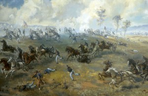 "The Capture of Rickett's Battery" by Sidney King, 1964 (oil on plywood). On display in the Henry Hill Visitor Center at Manassas National Battlefield Park.